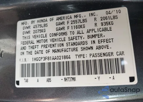 2010 Honda Accord 3.5 Ex-L z USA, uszkodzony, nr VIN 1HGCP3F81AA021864
